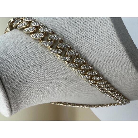 Heavy Gold Tone Cuban Link Chain Necklace with Rhinestones - Picture 9 of 10